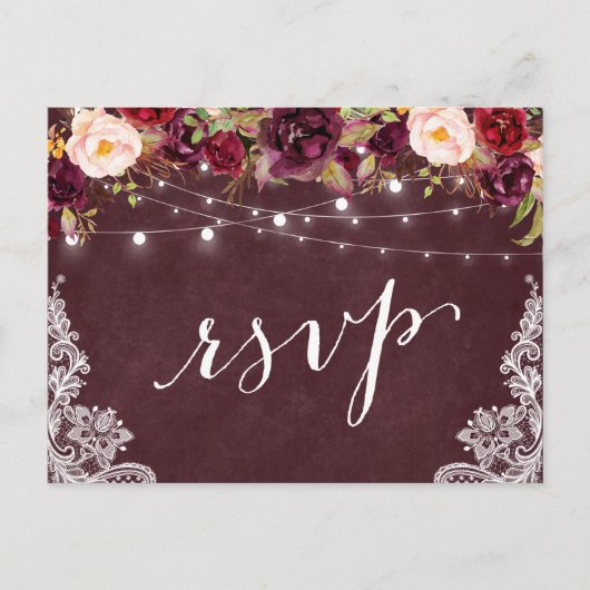 Marsala Floral String Lights Wace Wedding RSVP Uitnodiging Briefkaart (Voorkant)
