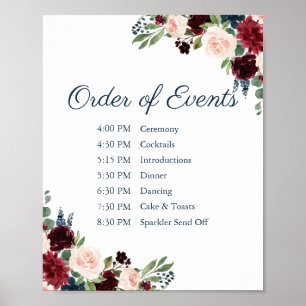 Marsala Floral Wedding Order of Events Sign Poster