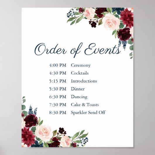 Marsala Floral Wedding Order of Events Sign Poster (Voorkant)