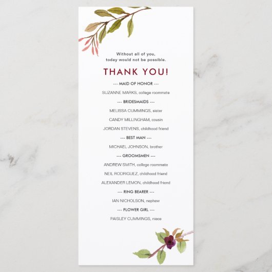 Marsala Floral Wedding Programme, 4163 Programmakaart (Achterkant)