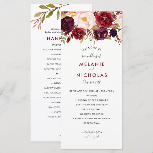 Marsala Floral Wedding Programme, 4163 Programmakaart (Voorkant / Achterkant)