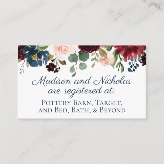 Marsala Floral Wedding Registry Invoegen Kaarten Visitekaartje (Voorkant)