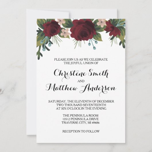 Marsala Floral Winter Huwelijksuitnodiging Kaart (Voorkant)