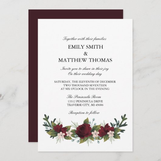 Marsala Floral Winter Wedding Invite Kaart (Voorkant / Achterkant)