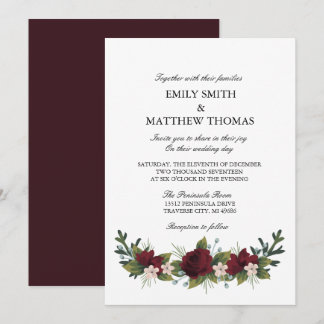 Marsala Floral Winter Wedding Invite Kaart