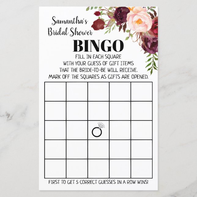 Marsala Flowers Bridal Bingo Weddenschap (Voorkant)