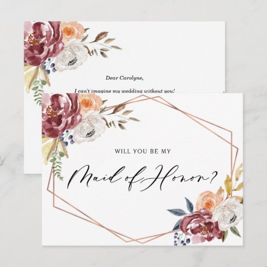 Marsala Flowers Geometric be My Maid of Honor Kaar Uitnodiging Briefkaart (Voorkant / Achterkant)