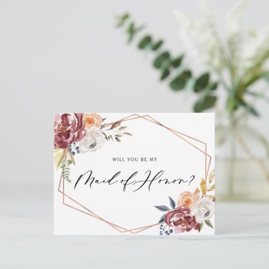 Marsala Flowers Geometric be My Maid of Honor Kaar Uitnodiging Briefkaart (Staand voorkant)