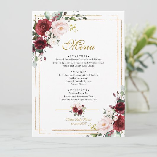 Marsala Flowers & Gold Lijst Baby shower Menu (Staand voorkant)