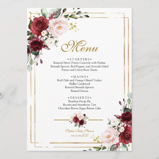 Marsala Flowers & Gold Lijst Baby shower Menu (Voorkant)