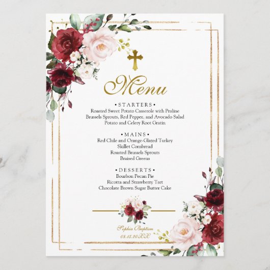 Marsala Flowers & Gold Lijst Baptism Menu (Voorkant)
