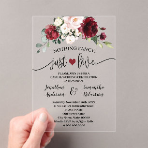 Marsala Flowers Niets Fancy Alleen Liefde Elopemen Acryl Uitnodigingen