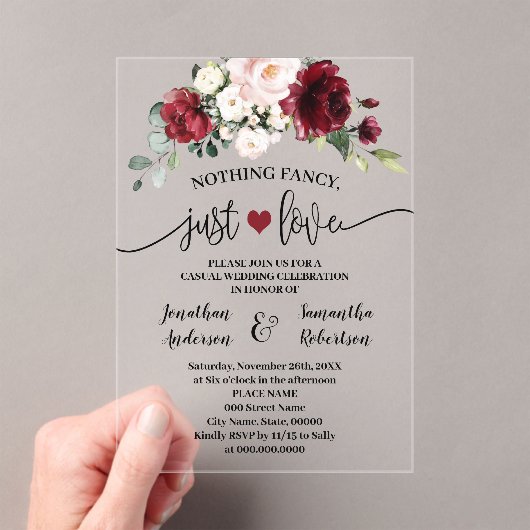 Marsala Flowers Niets Fancy Alleen Liefde Elopemen Acryl Uitnodigingen (Insitu (Draagbaar))