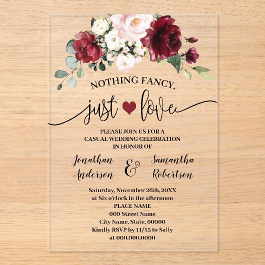 Marsala Flowers Niets Fancy Alleen Liefde Elopemen Acryl Uitnodigingen (Voorkant)