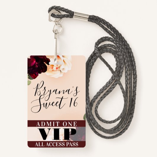 Marsala Flowers & String Lights Sweet 16 VIP Pass Badge (Voorkant met draagriem)