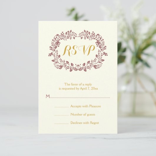Marsala gebladerte krans lijst bruiloft RSVP (Staand voorkant)