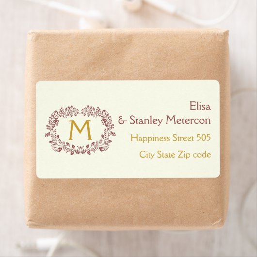 Marsala gebladerte krans lijst & monogram bruiloft etiket (Insitu)