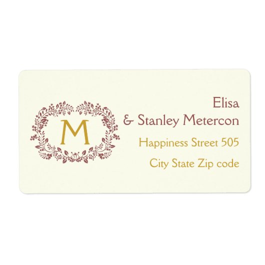 Marsala gebladerte krans lijst & monogram bruiloft etiket (Voorkant)
