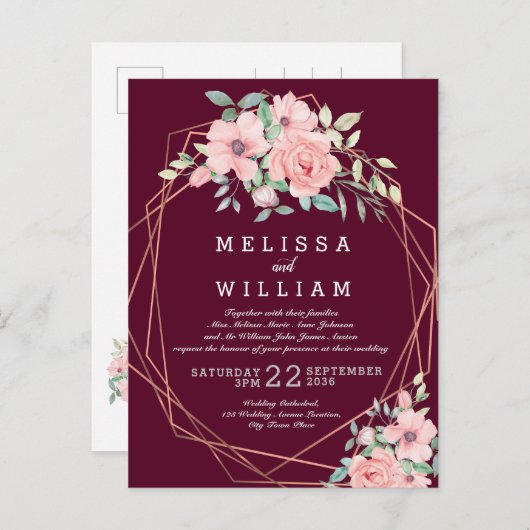 Marsala Geometric Copper Floral Wedding Uitnodiging Briefkaart (Voorkant / Achterkant)