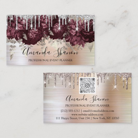 Marsala Glitter Drips Logo Event Planner geborstel Visitekaartje (Voorkant / Achterkant)