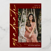 Marsala Gold Calligraphy Photo Afstuderen Folie Uitnodiging (Voorkant)