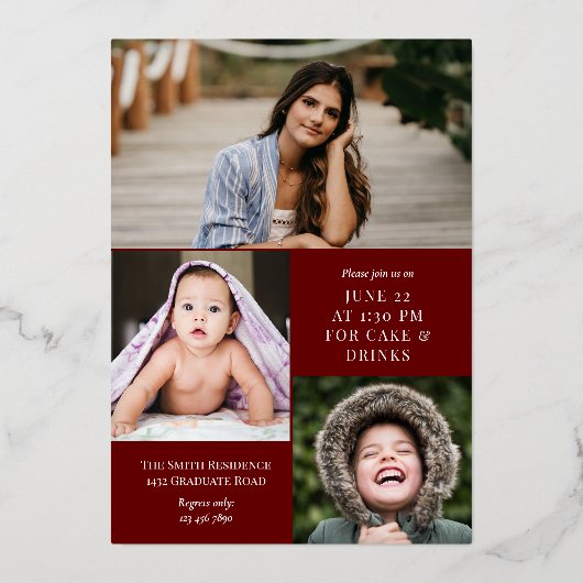 Marsala Gold Calligraphy Photo Afstuderen Folie Uitnodiging (Achterkant)