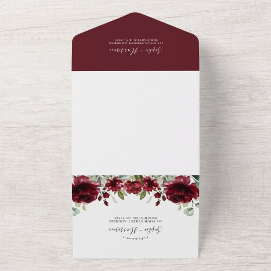 Marsala Gold Geometric Burgundy Wedding All In One Uitnodiging (Buitenkant)