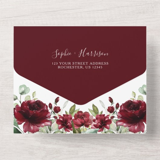 Marsala Gold Geometric Burgundy Wedding All In One Uitnodiging (Achterkant)
