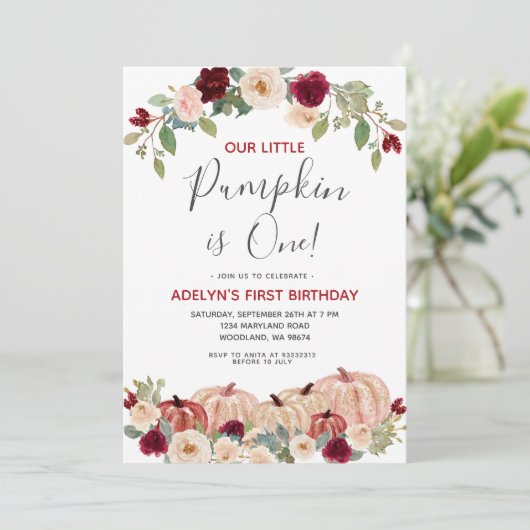 Marsala Gold Glitter Herfst 1e verjaardag Uitnodig Kaart (Staand voorkant)