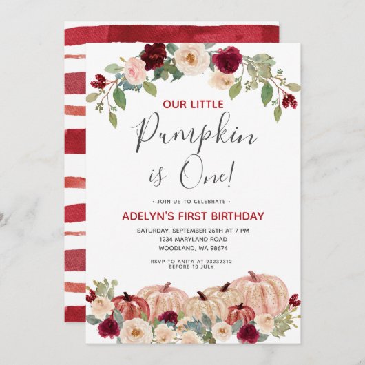 Marsala Gold Glitter Herfst 1e verjaardag Uitnodig Kaart (Voorkant / Achterkant)