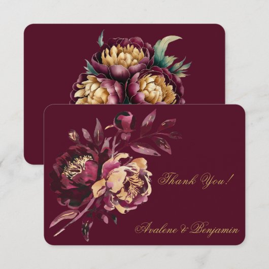 Marsala Gold Painted Peony Wedding Dank je wel kaa RSVP Kaartje (Voorkant / Achterkant)