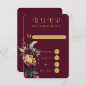 Marsala Gold Painted Peony Wedding RSVP Kaarten (Voorkant / Achterkant)