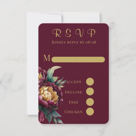Marsala Gold Painted Peony Wedding RSVP Kaarten (Voorkant)