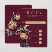 Marsala Gold Painted Peony Wedding RSVP Kaarten Kaartje (Voorkant / Achterkant)