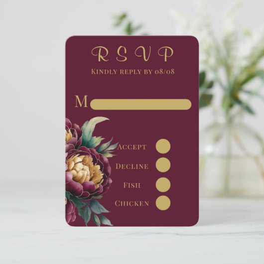 Marsala Gold Painted Peony Wedding RSVP Kaarten Kaartje (Staand voorkant)
