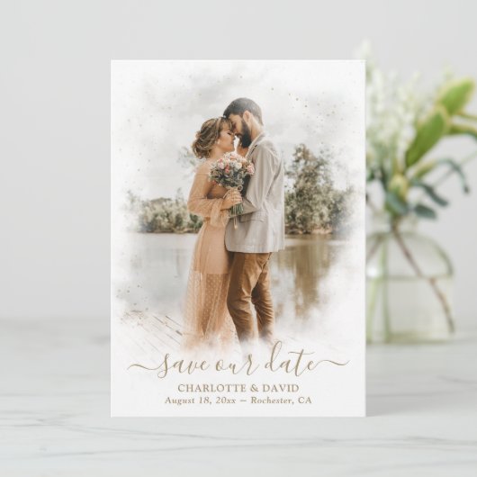 Marsala Gouden Huwelijksfoto Save Our Date Kaart (Staand voorkant)