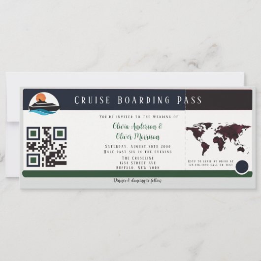 Marsala Green Cruise Boarding Pass Wedding Kaart (Voorkant)