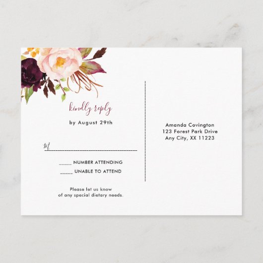 Marsala Greenery Floral bruiloft rsvp buffet 4163 Uitnodiging Briefkaart (Achterkant)