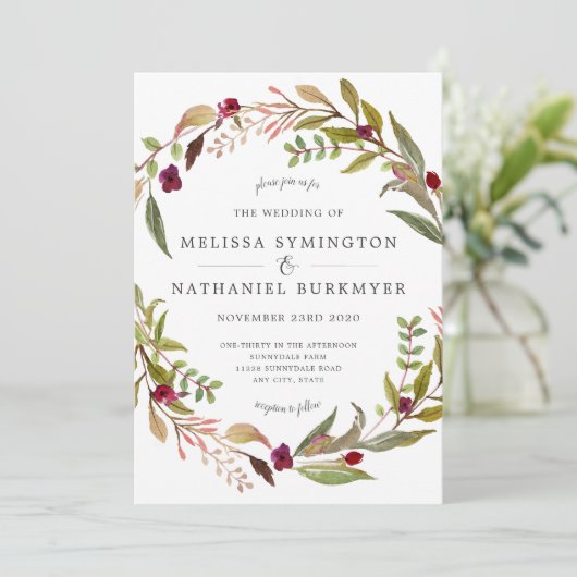 Marsala Greenery Wreath Wedding-uitnodiging Kaart (Staand voorkant)