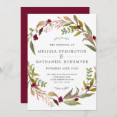 Marsala Greenery Wreath Wedding-uitnodiging Kaart (Voorkant / Achterkant)