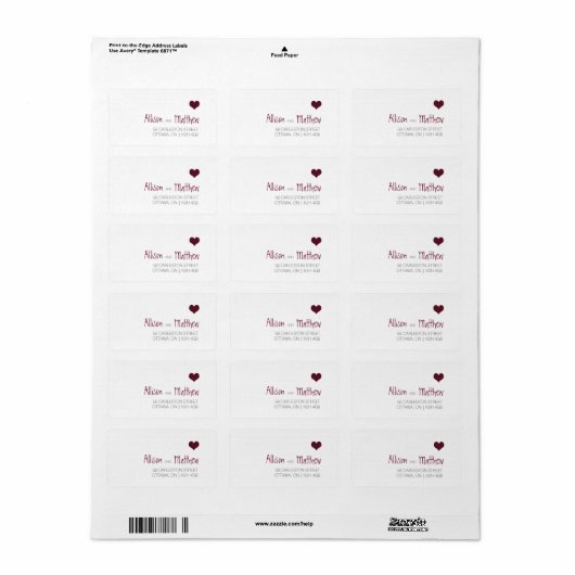 Marsala Hart Bruiloft Adres Label (Full Sheet)