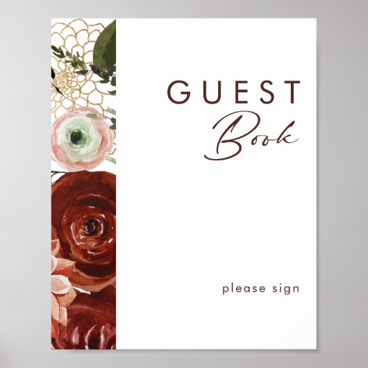 Marsala Herfst Bloem | Witte gast boek bord Poster (Voorkant)
