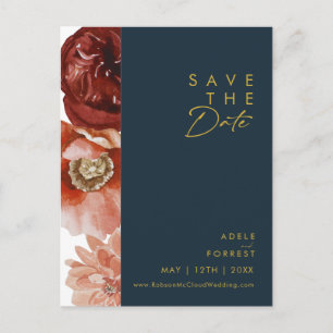 Marsala Herfst Bloemendecor Navy Save The Date Pos Uitnodiging Briefkaart