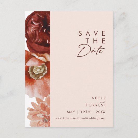 Marsala Herfst Bloemige Blush Save The Date Postca Uitnodiging Briefkaart (Voorkant)