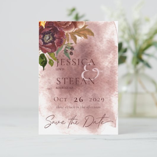 Marsala Klei & Geel Boeket Bruiloft Save The Date (Staand voorkant)