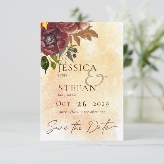 Marsala Klei & Geel Boeket Bruiloft Save The Date (Staand voorkant)