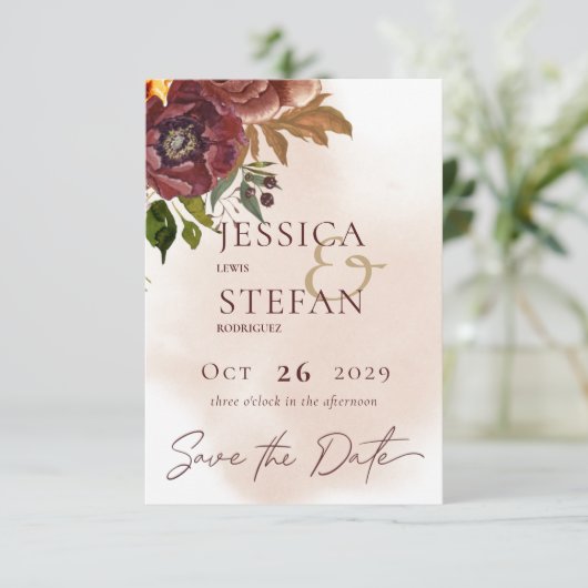 Marsala Klei & Geel Boeket Bruiloft Save The Date (Staand voorkant)