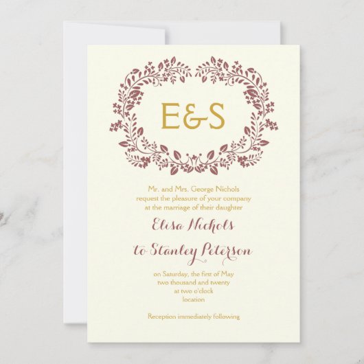 Marsala-lijst met initialen bruiloft kaart (Voorkant)