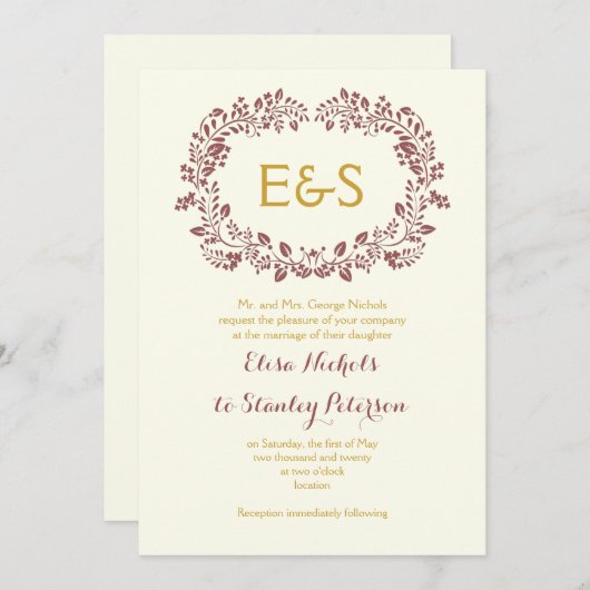 Marsala-lijst met initialen bruiloft kaart (Voorkant / Achterkant)