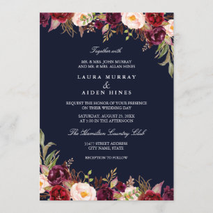 Marsala Marine Burgundy Waterverf Bloemen Bruiloft Kaart